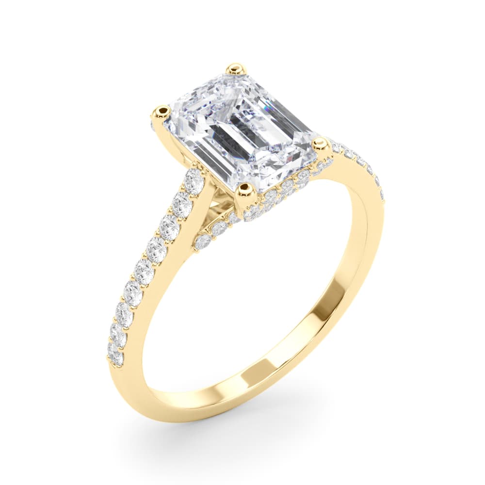 Accented Trellis Emerald Cut Engagement Ring, style 85483, Angle view in yellow gold