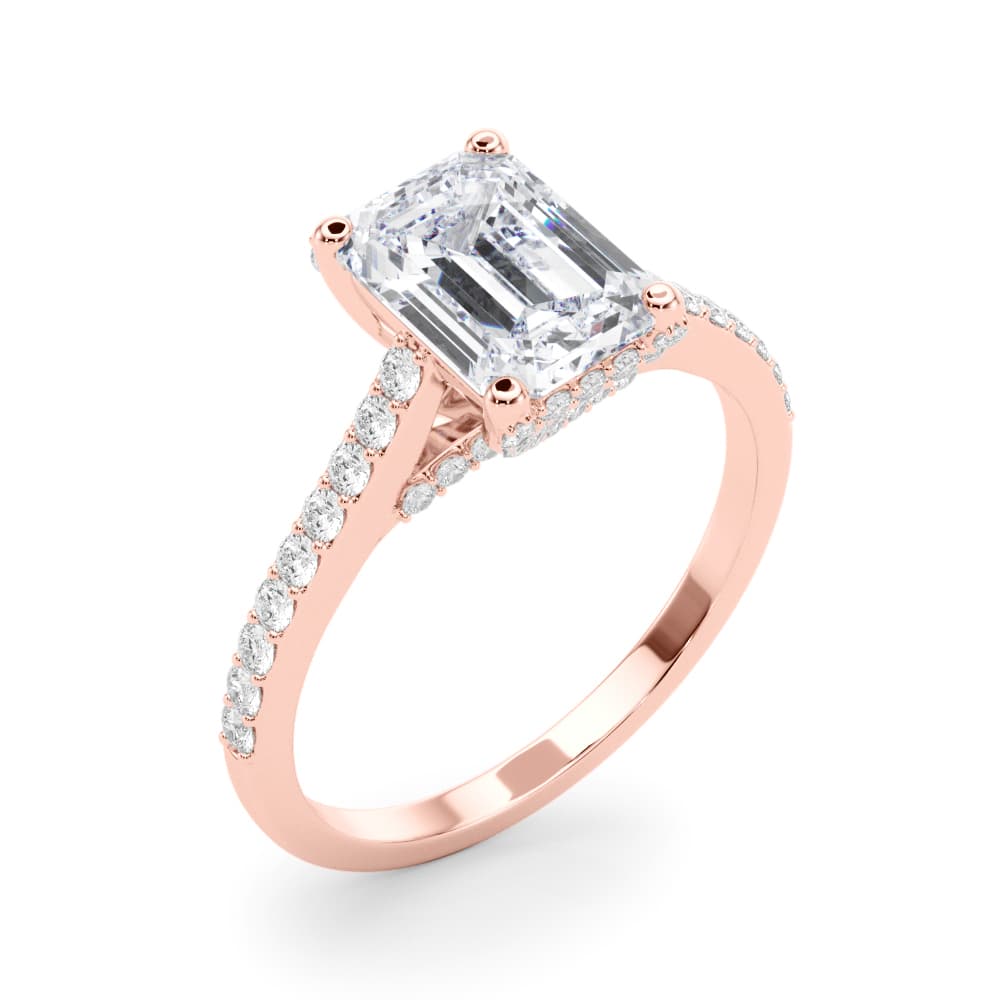 Accented Trellis Emerald Cut Engagement Ring, style 85483, Angle view in rose gold