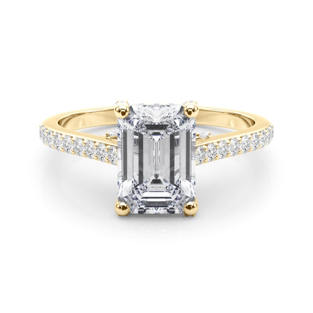 Accented Trellis Emerald Cut Engagement Ring, style 85483, On hand view in yellow gold