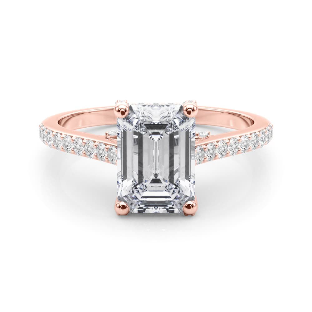 Accented Trellis Emerald Cut Engagement Ring, style 85483, On hand view in rose gold
