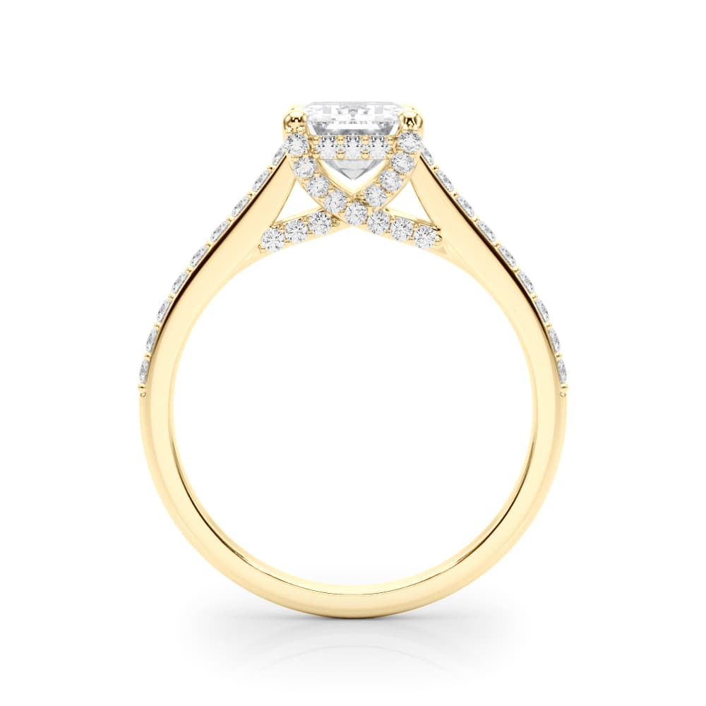 Accented Trellis Emerald Cut Engagement Ring, style 85483, Side view in yellow gold