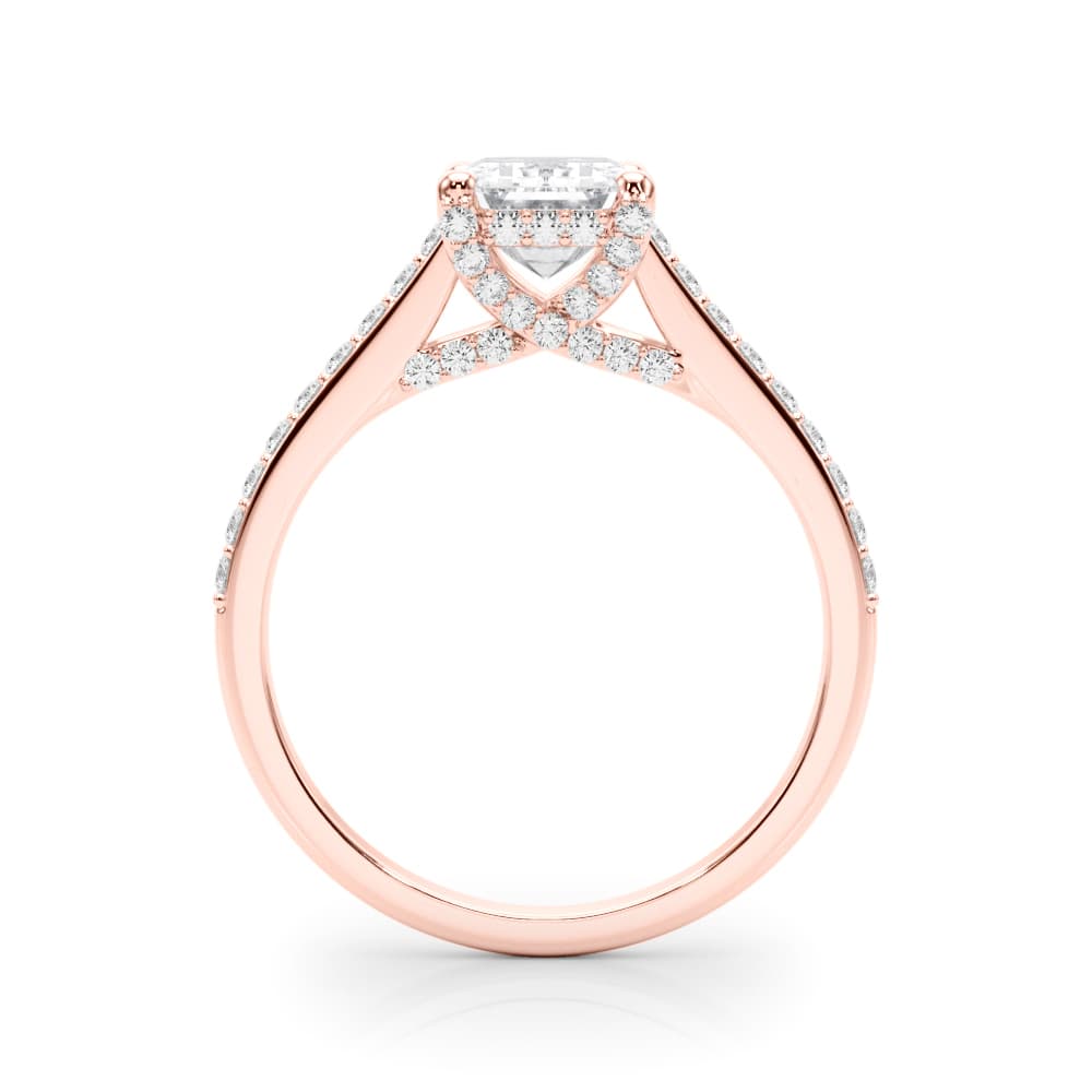 Accented Trellis Emerald Cut Engagement Ring, style 85483, Side view in rose gold