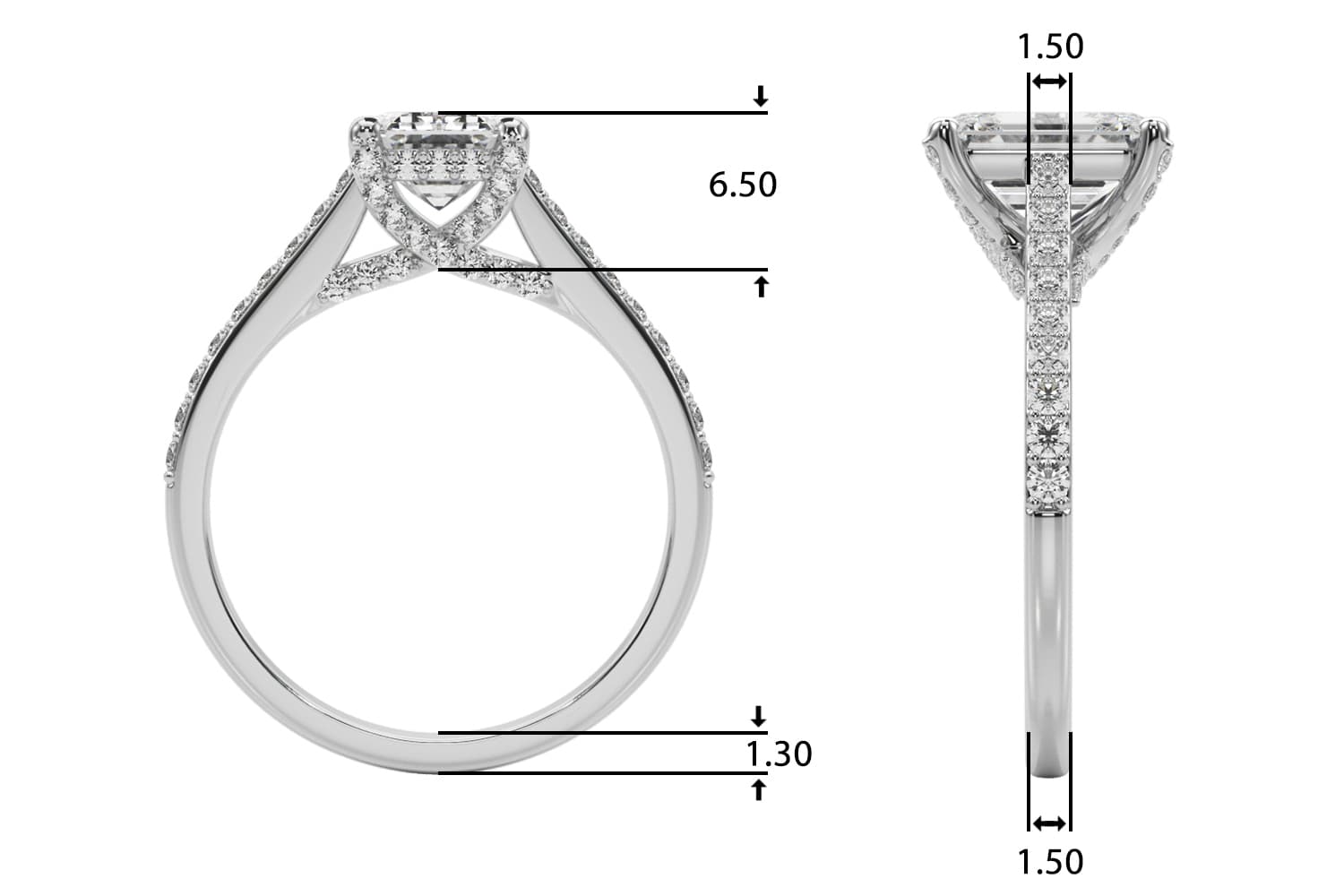 Accented Trellis Emerald Cut Engagement Ring, style 85483, Top view in white gold or platinum