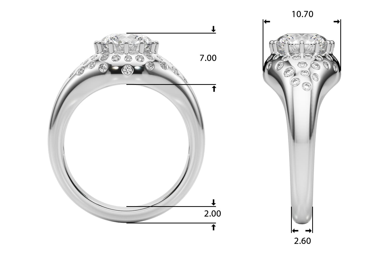 Accented Scattered Round Engagement Ring, style 85484, Top view in white gold or platinum