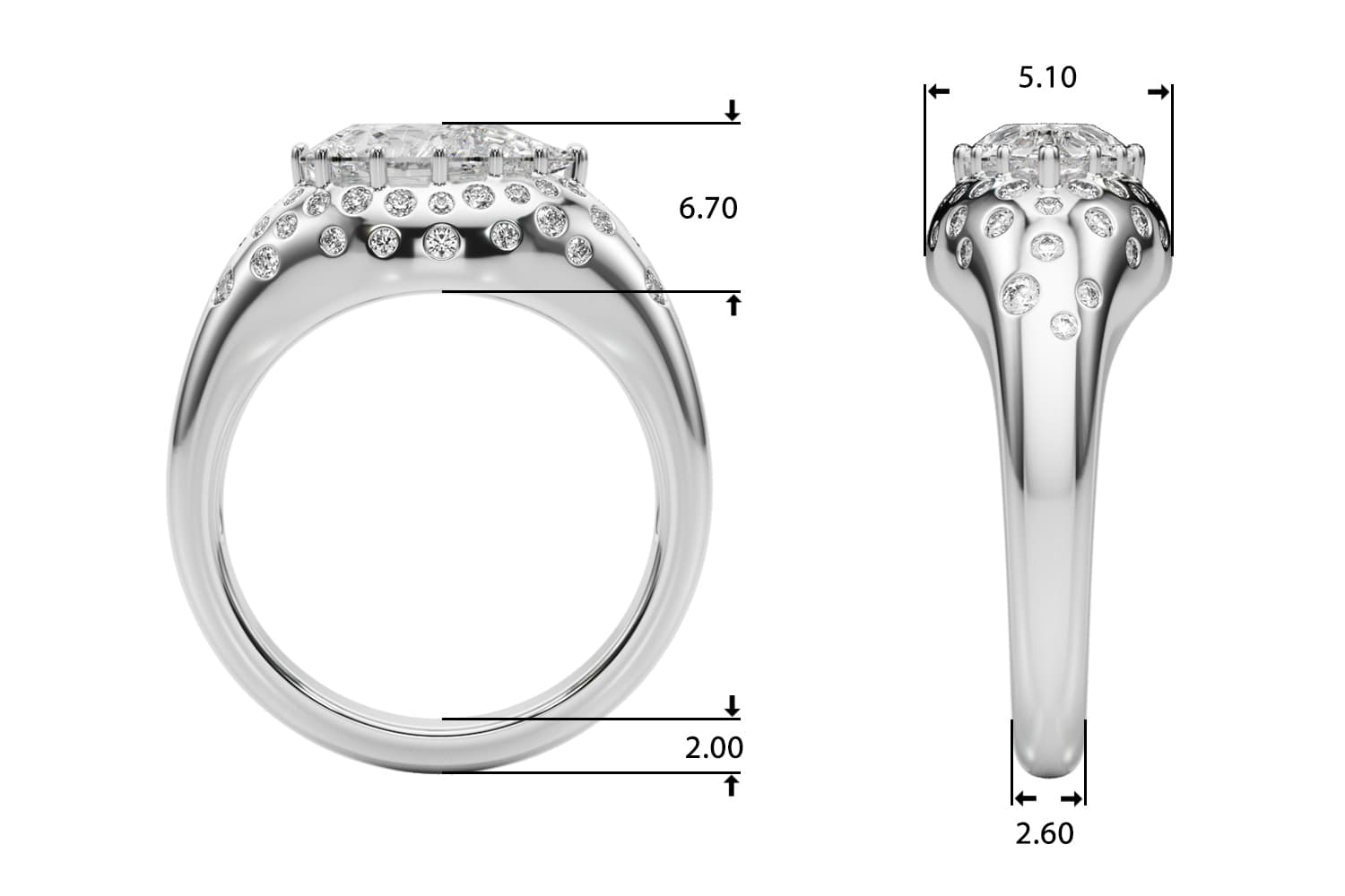Accented Scattered Oval Engagement Ring, style 85485, Top view in white gold or platinum