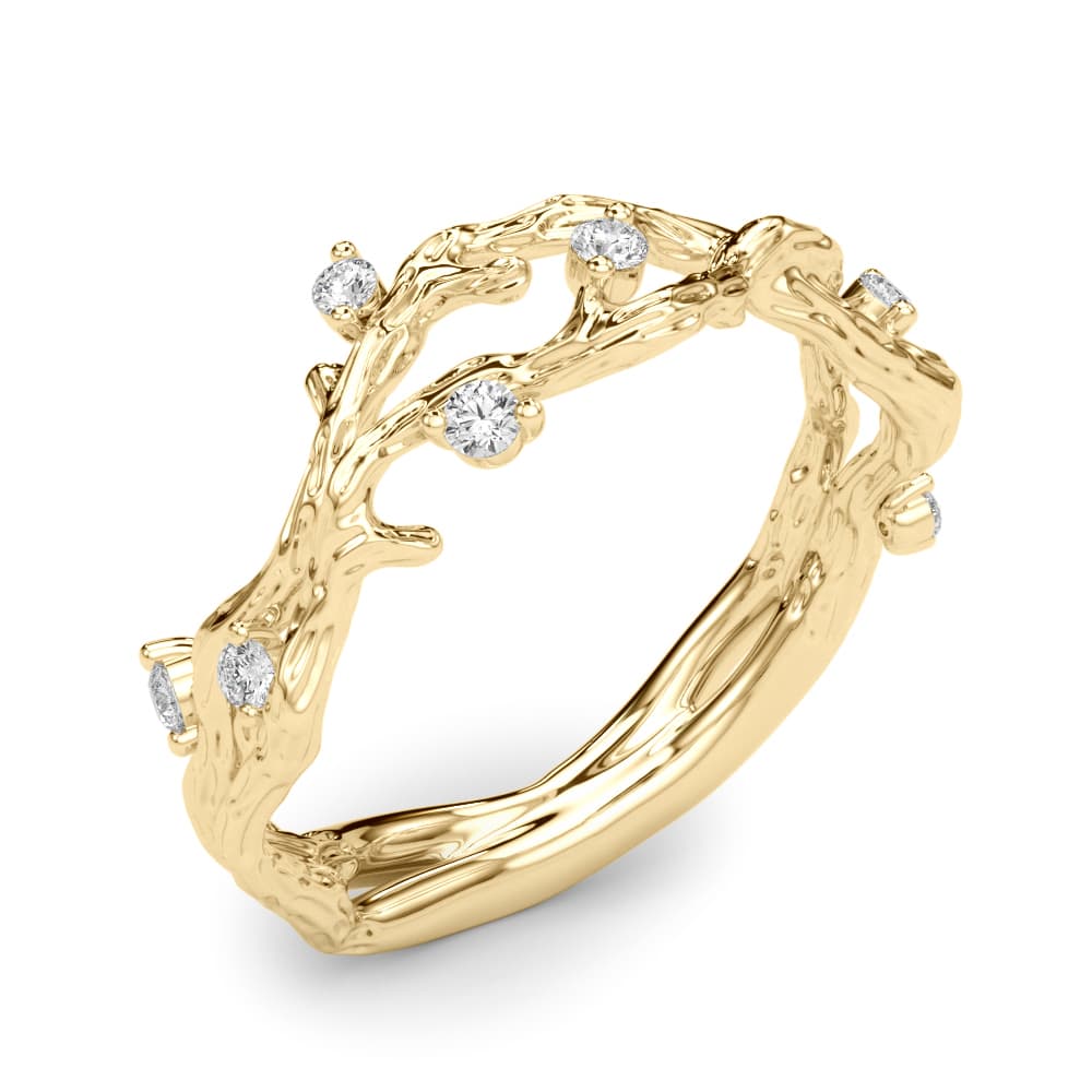 Accented Textured Vine Ring (1/8 ct. tw.), Angle view in yellow gold