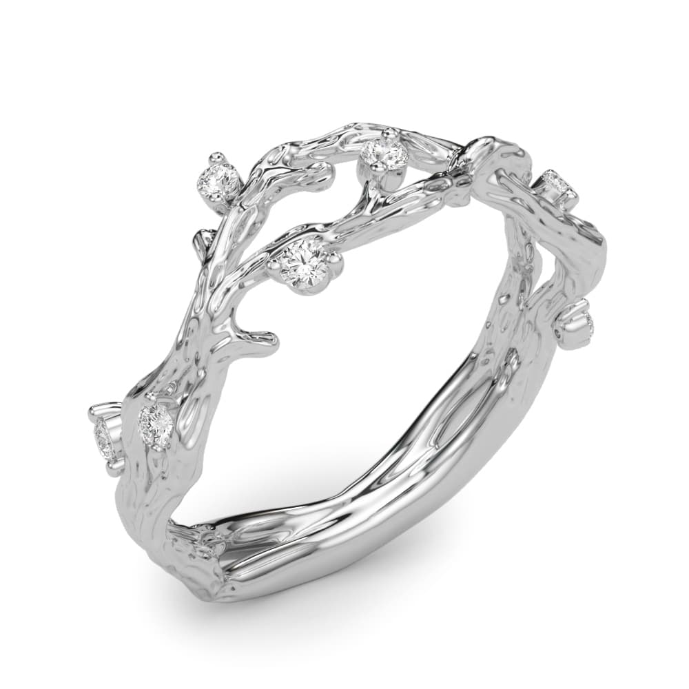 Accented Textured Vine Ring (1/8 ct. tw.), Angle view in white gold or platinum