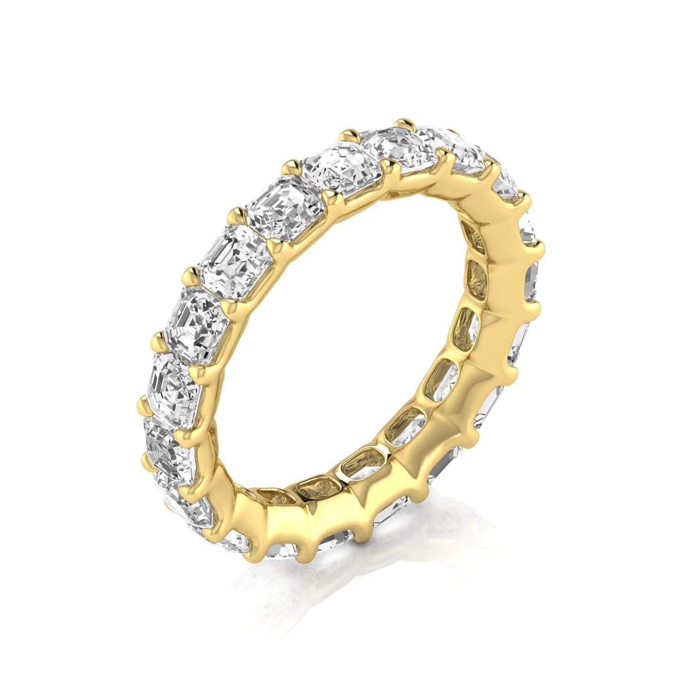 Full Eternity Asscher Diamond Wedding Band (4.4 ct. tw.), On hand view in yellow gold
