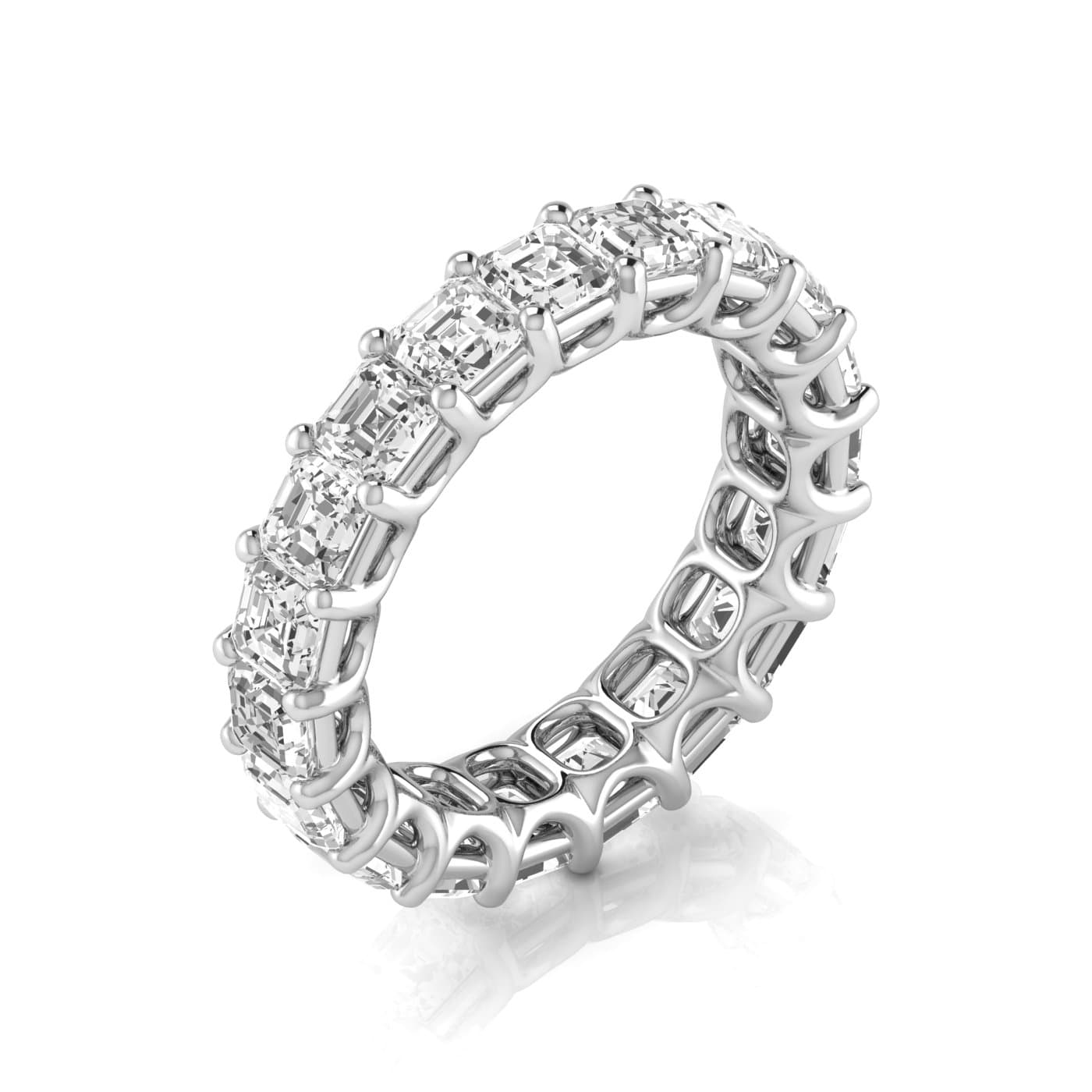 Full Eternity Asscher Diamond Wedding Band (5 ct. tw.), On hand view in white gold or platinum