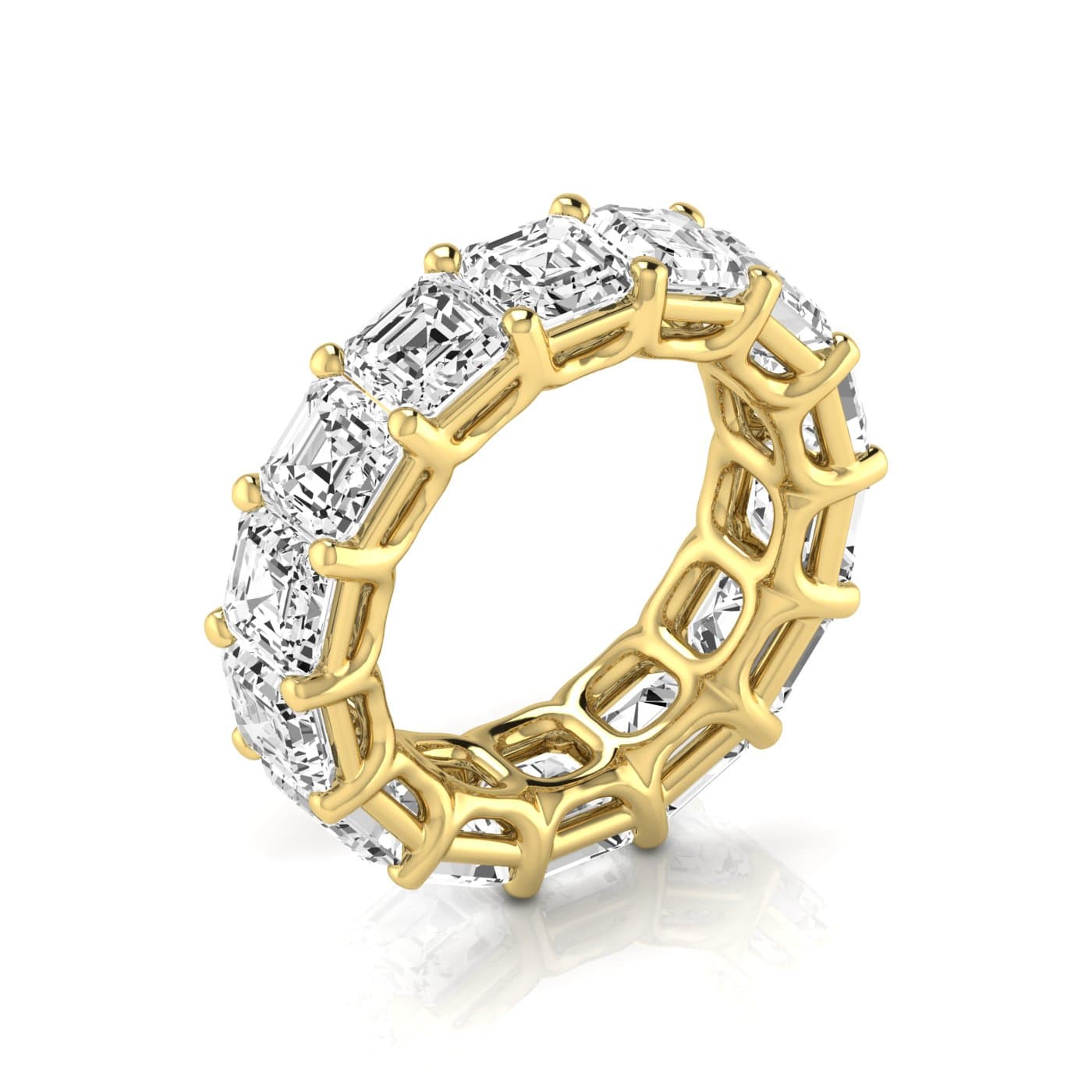 Full Eternity Asscher Diamond Wedding Band (9 3/4 ct. tw.), On hand view in yellow gold