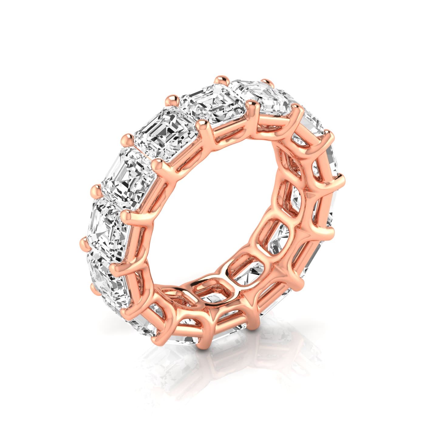 Full Eternity Asscher Diamond Wedding Band (10 1/2 ct. tw.), On hand view in rose gold