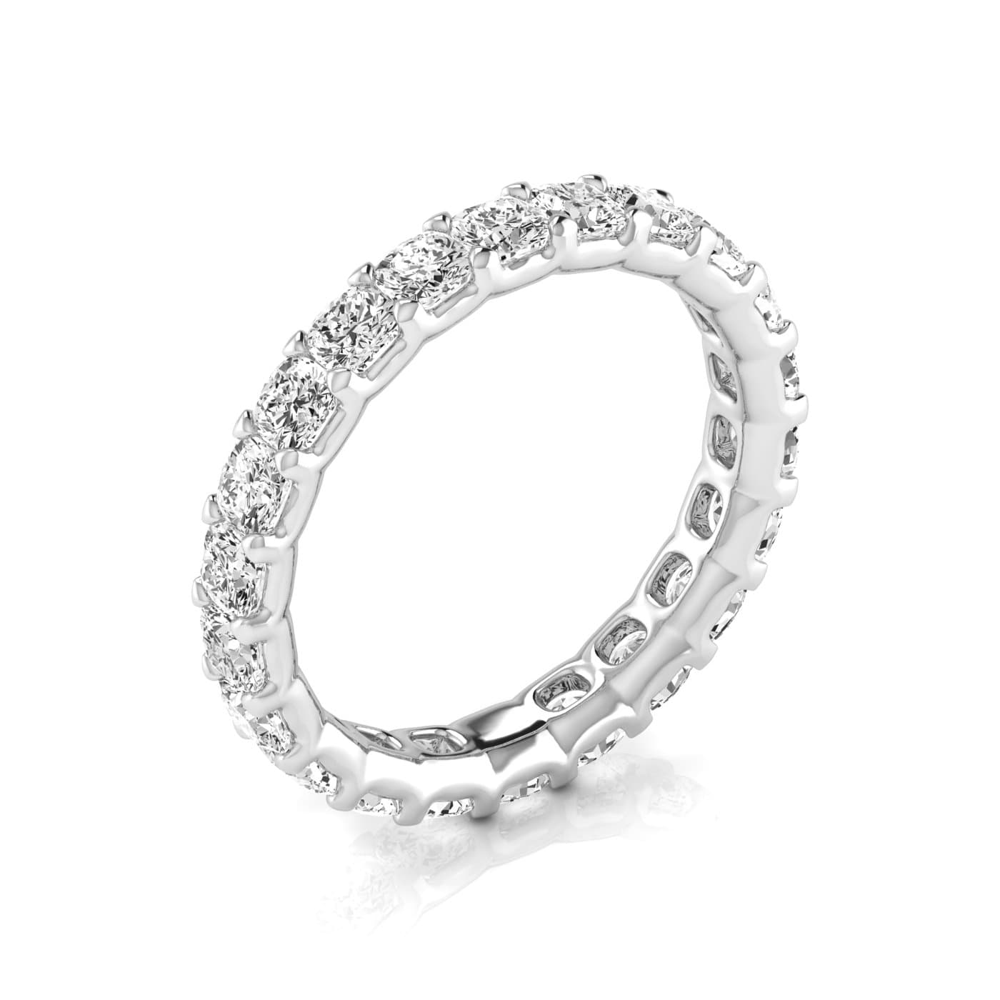 Full Eternity Cushion Diamond Wedding Band (2.2 ct. tw.), On hand view in white gold or platinum
