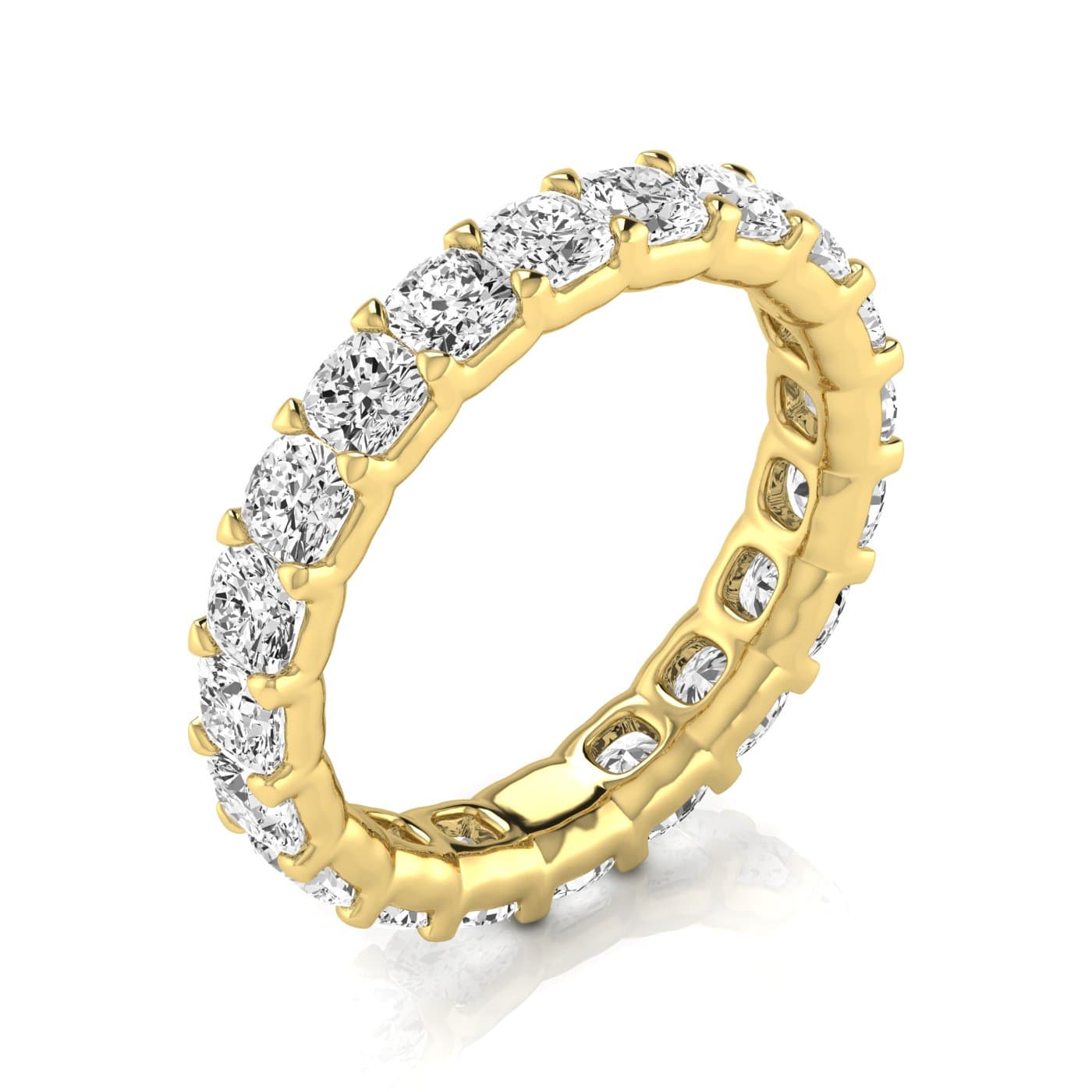 Full Eternity Cushion Diamond Wedding Band (3.8 ct. tw.), On hand view in yellow gold