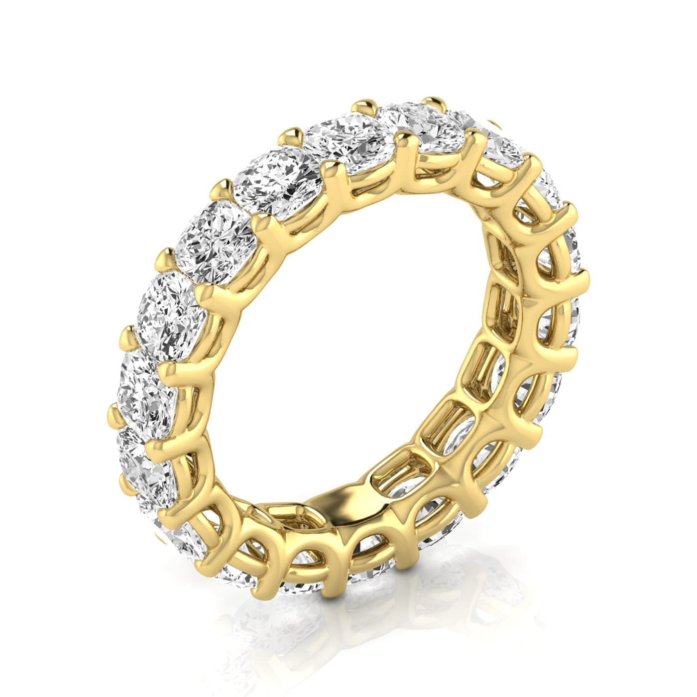 Full Eternity Cushion Diamond Wedding Band (5.44 ct. tw.), On hand view in yellow gold