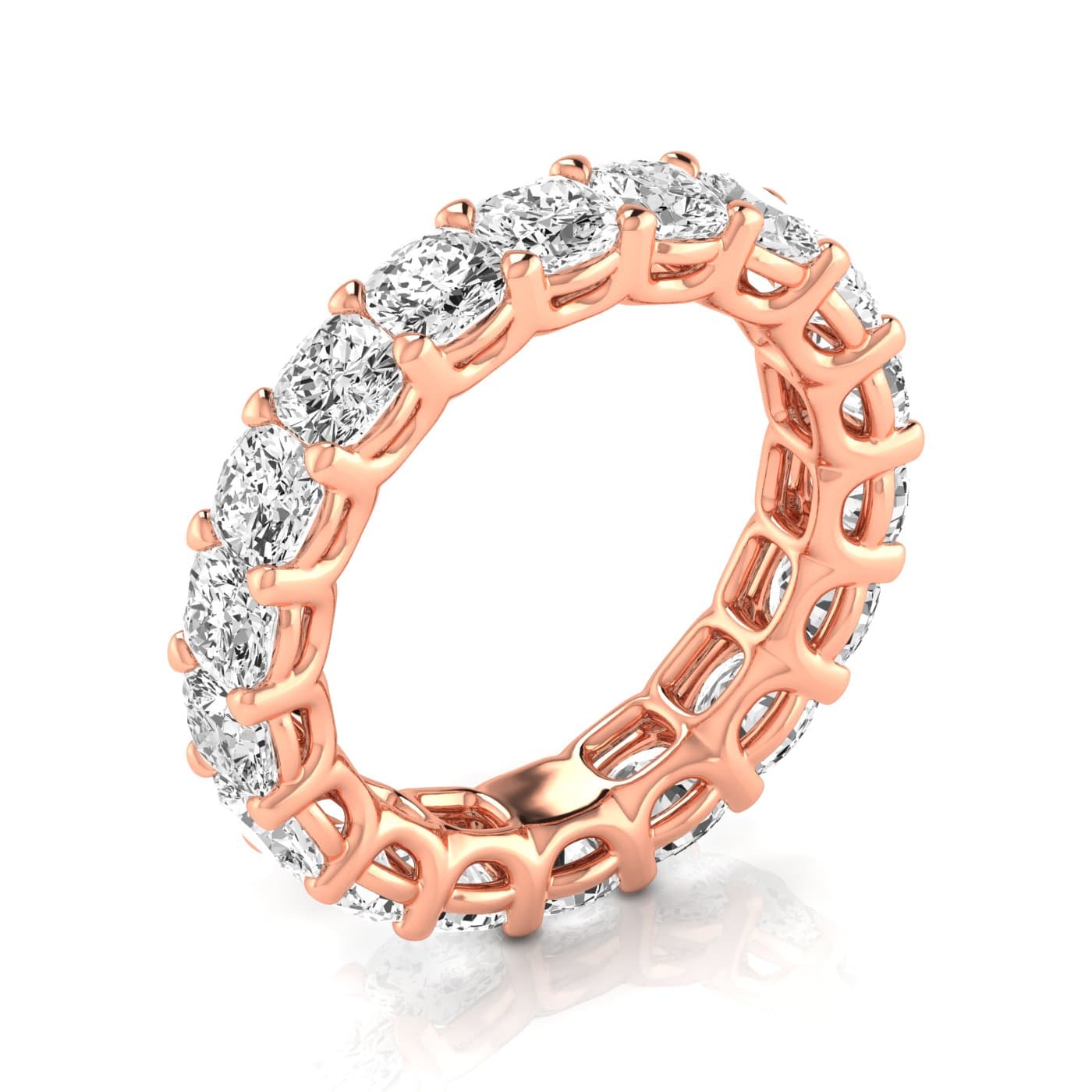 Full Eternity Cushion Diamond Wedding Band (5 1/8 ct. tw.), On hand view in rose gold