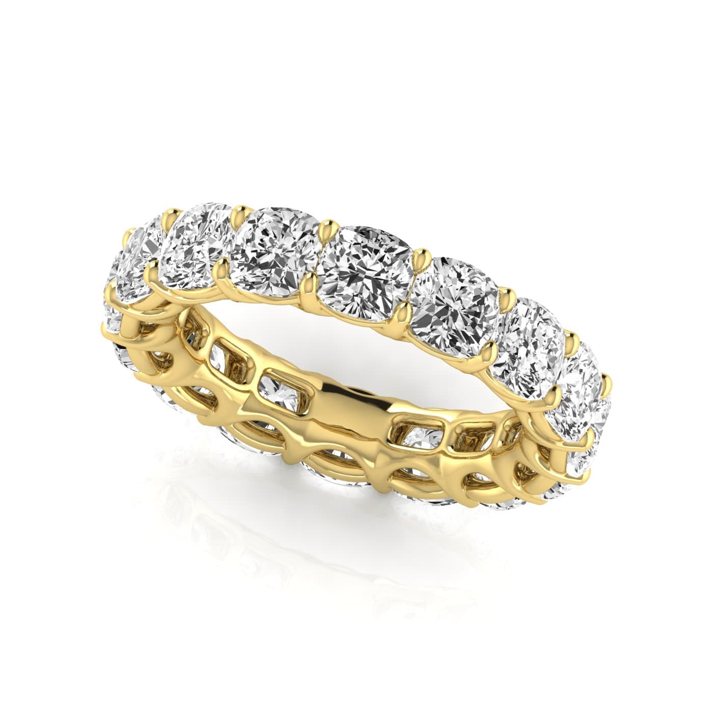 Full Eternity Cushion Diamond Wedding Band (7 1/2 ct. tw.), Front view in yellow gold