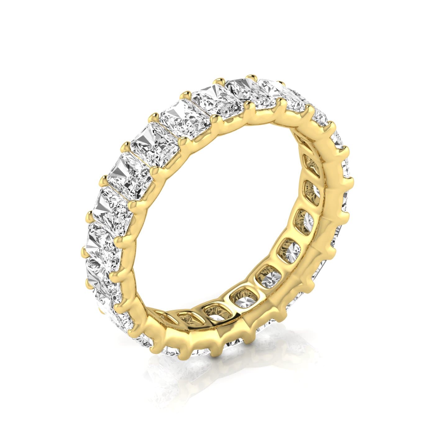 Full Eternity Radiant Diamond Wedding Band (4.2 ct. tw.), On hand view in yellow gold
