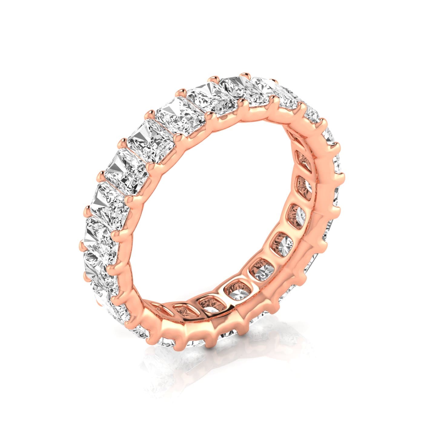 Full Eternity Radiant Diamond Wedding Band (4.2 ct. tw.), On hand view in rose gold