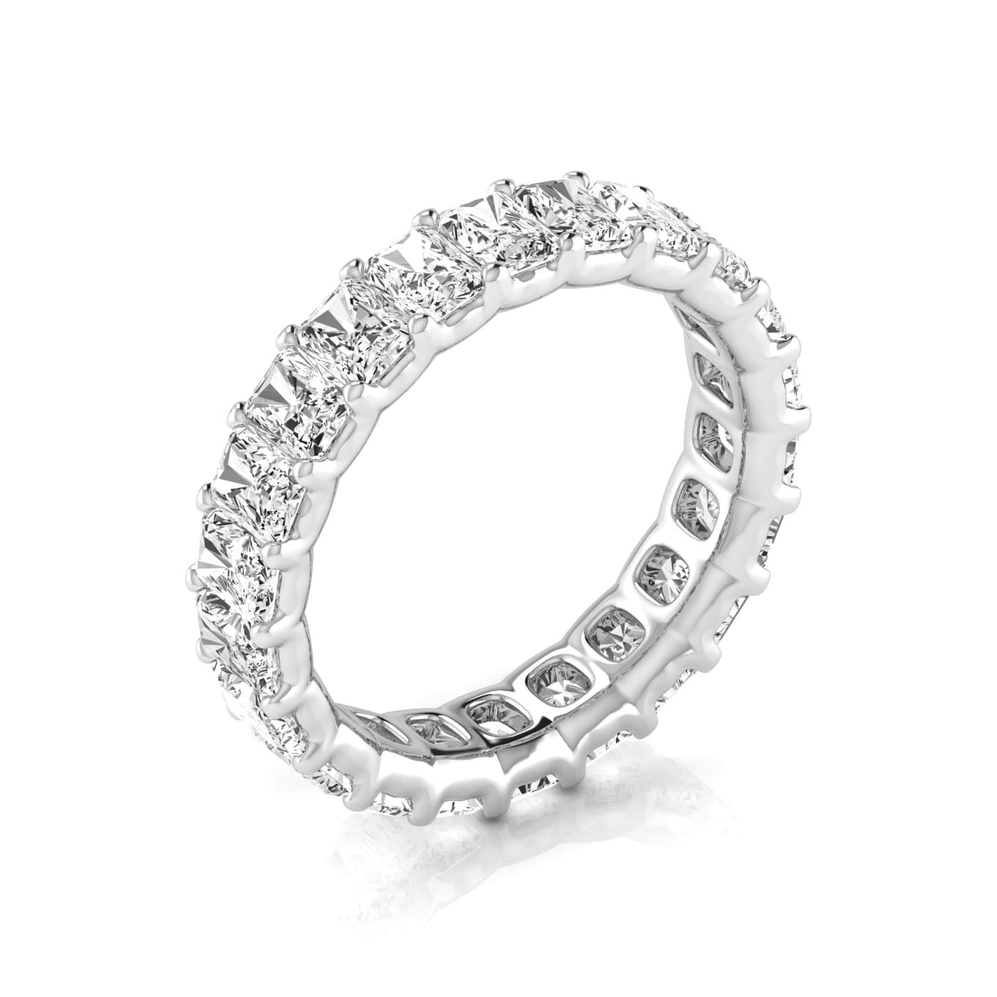 Full Eternity Radiant Diamond Wedding Band (4.2 ct. tw.), On hand view in white gold or platinum