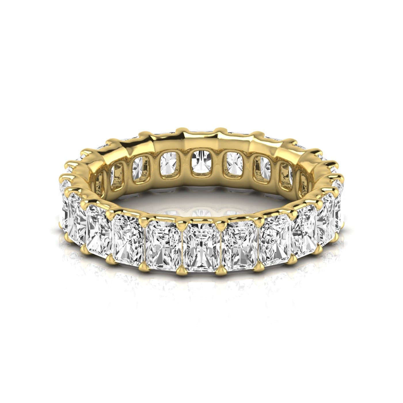 Full Eternity Radiant Diamond Wedding Band (4.2 ct. tw.), Side view in yellow gold