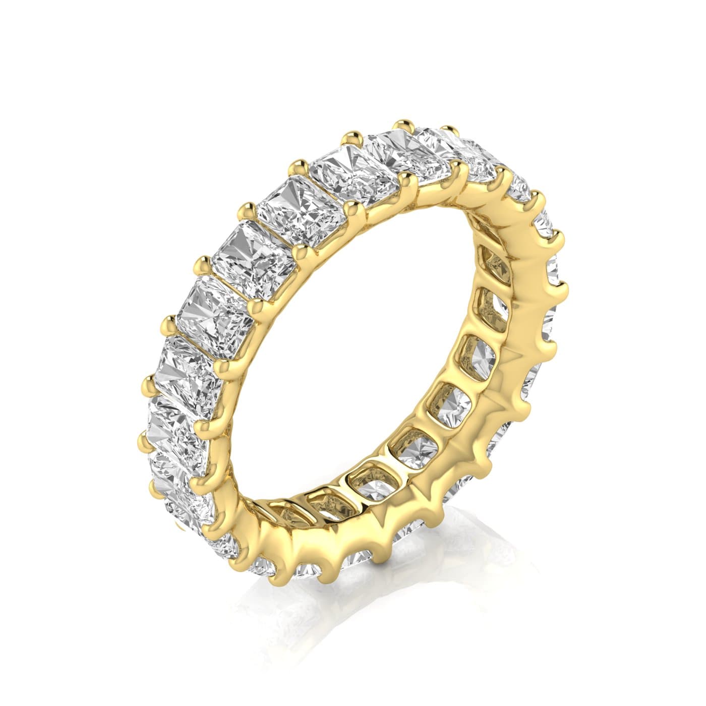 Full Eternity Radiant Diamond Wedding Band (5 ct. tw.), On hand view in yellow gold