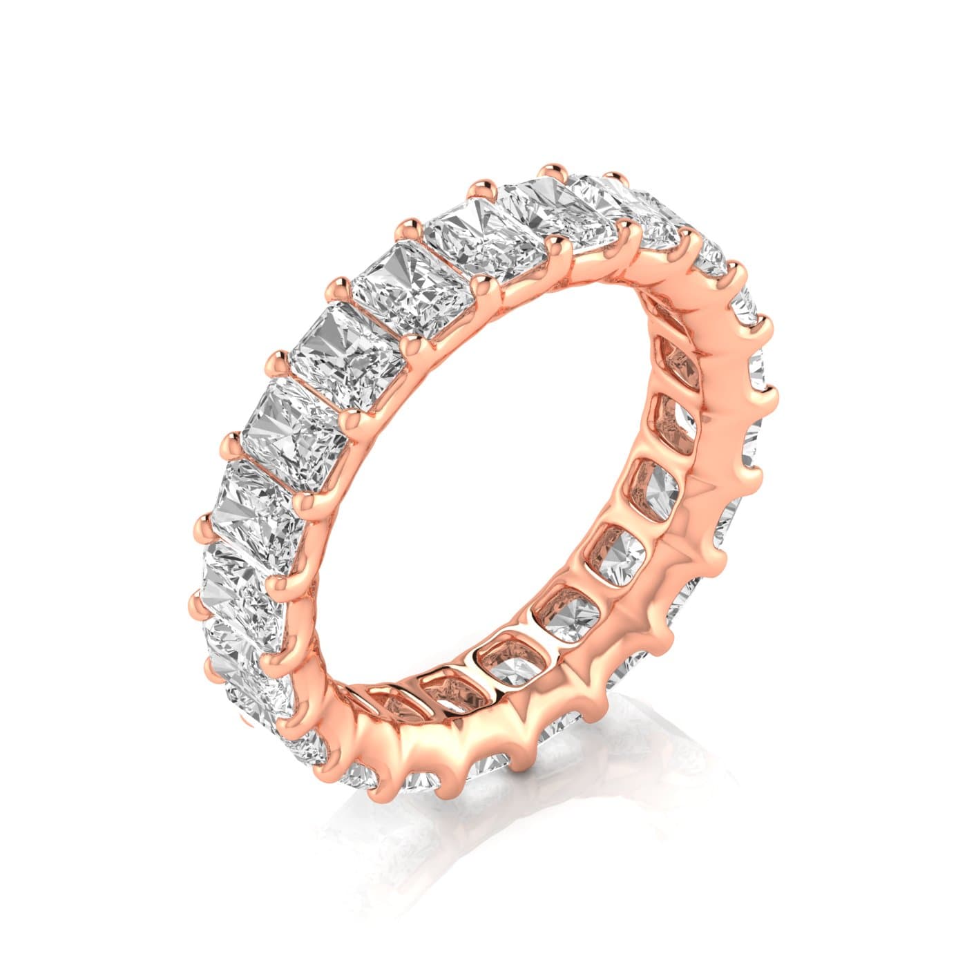 Full Eternity Radiant Diamond Wedding Band (5 ct. tw.), On hand view in rose gold