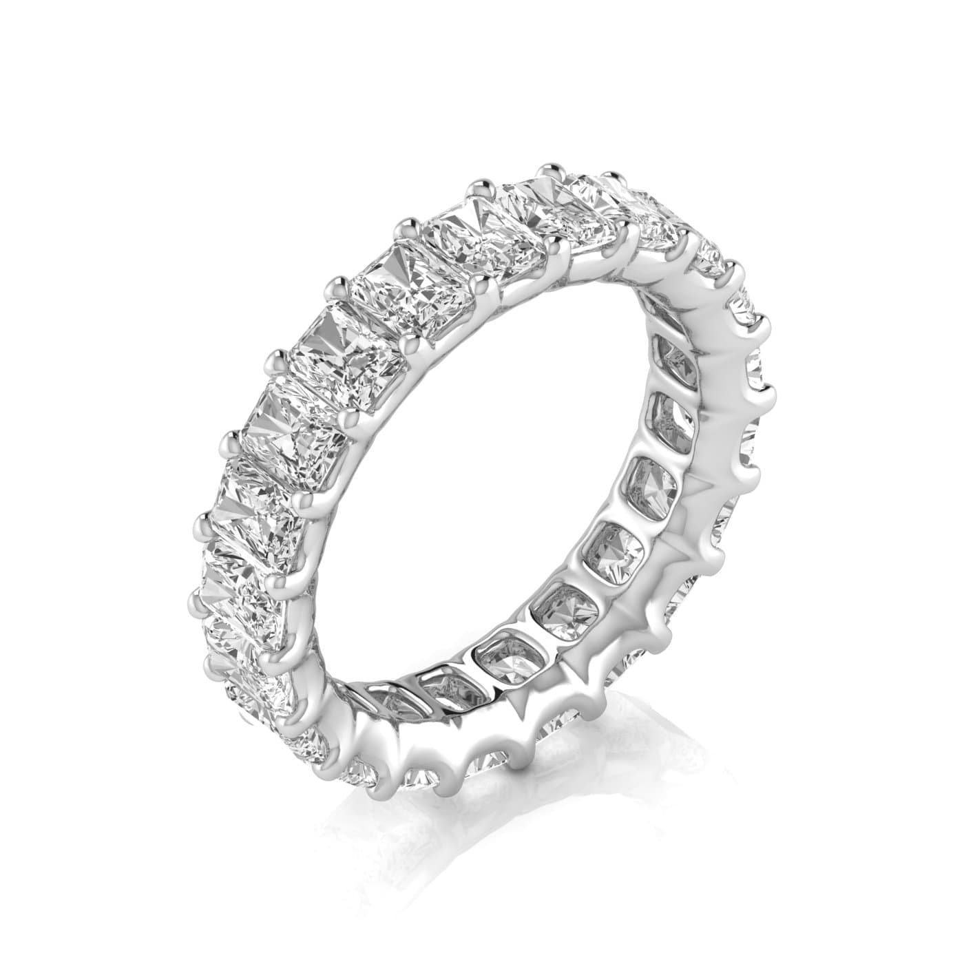 Full Eternity Radiant Diamond Wedding Band (5 ct. tw.), On hand view in white gold or platinum