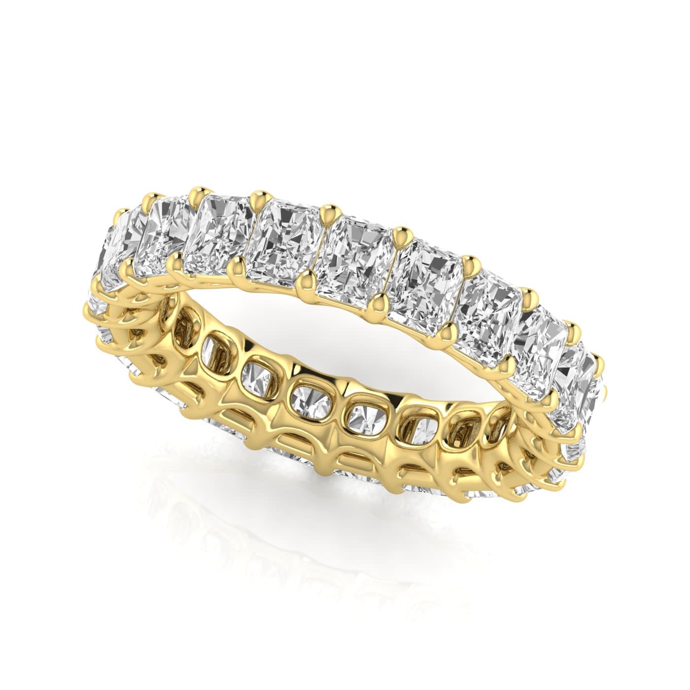 Full Eternity Radiant Diamond Wedding Band (7.59 ct. tw.), Front view in yellow gold