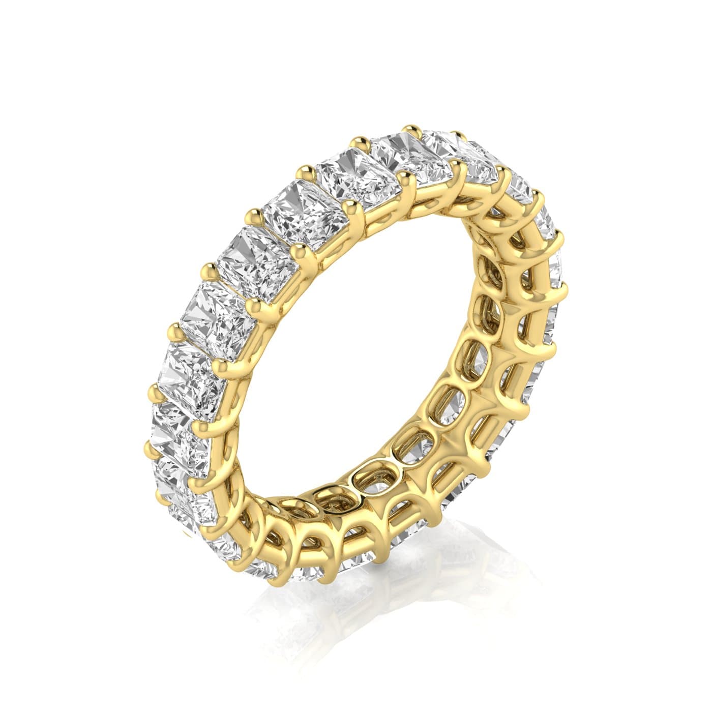 Full Eternity Radiant Diamond Wedding Band (7.59 ct. tw.), On hand view in yellow gold