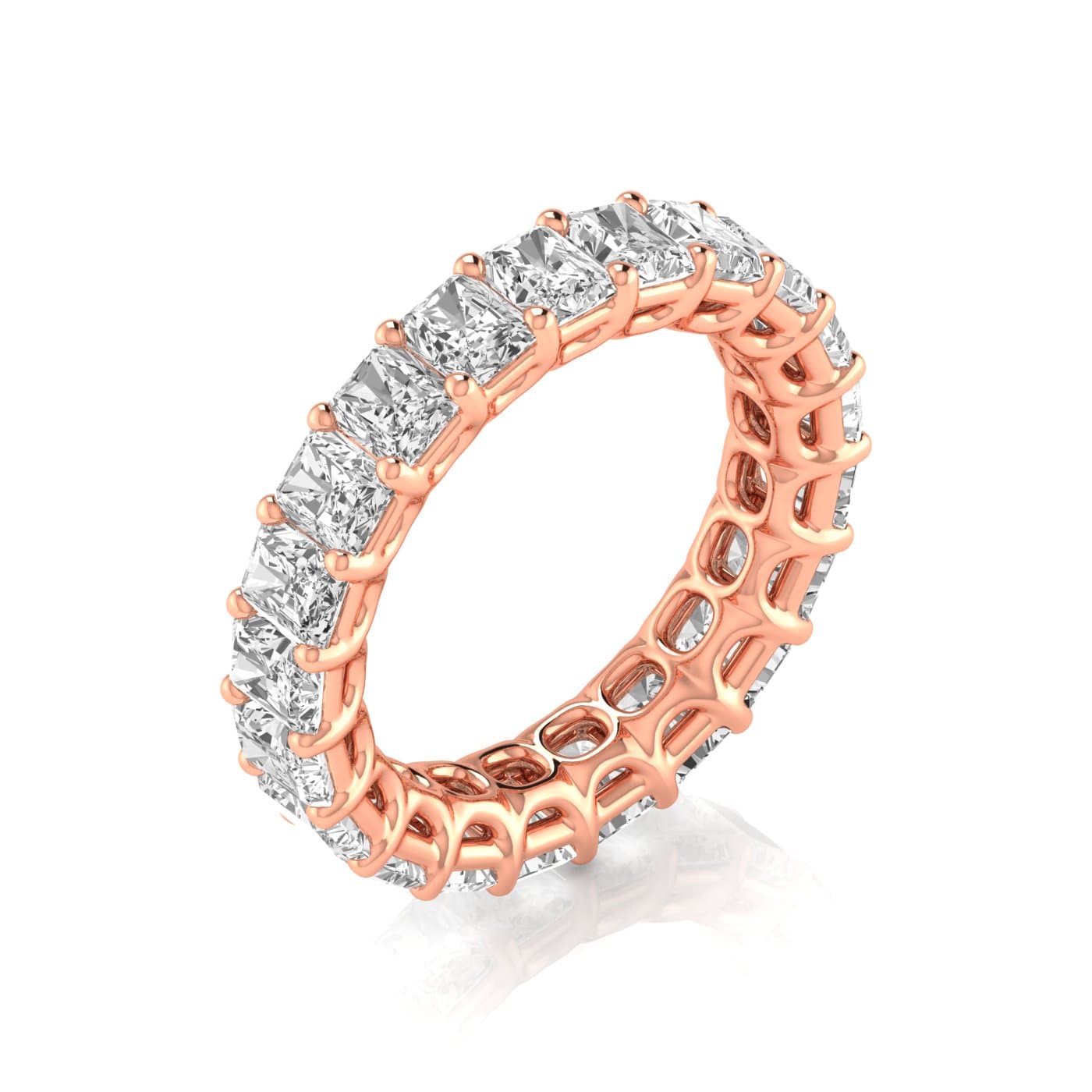 Full Eternity Radiant Diamond Wedding Band (7.92 ct. tw.), On hand view in rose gold