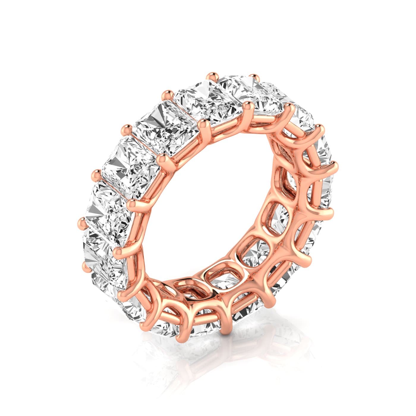 Full Eternity Radiant Diamond Wedding Band (12 ct. tw.), On hand view in rose gold