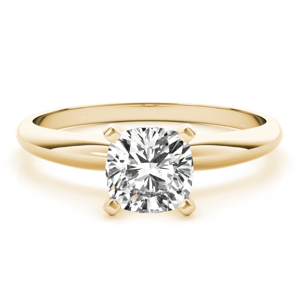 Cushion Solitaire, style F1628, On hand view in yellow gold