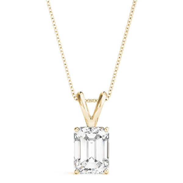 Classic Solitaire Emerald Prong Set Pendant, Front view in yellow gold