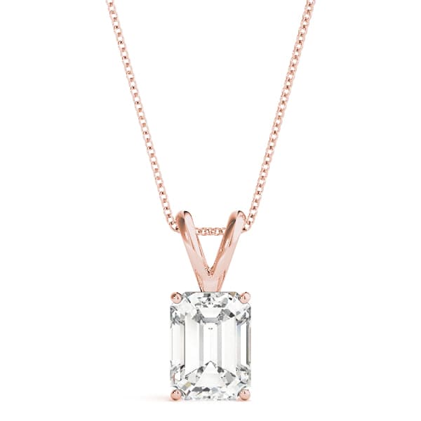 Classic Solitaire Emerald Prong Set Pendant, Front view in rose gold