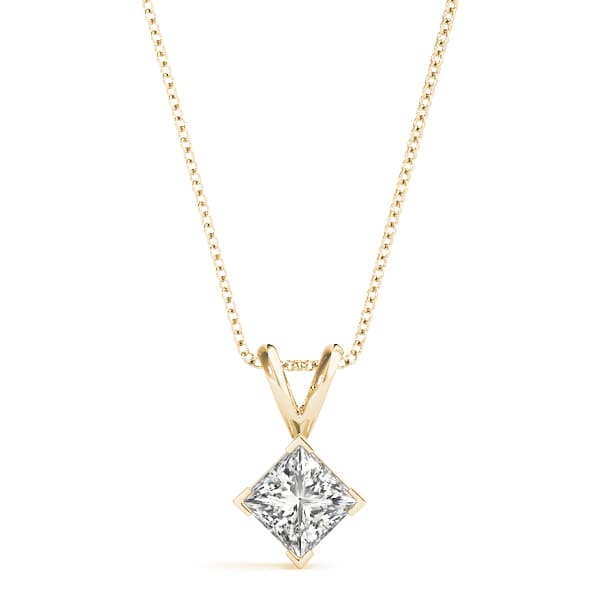 Solitaire Princess Cut Pendant, Front view in yellow gold