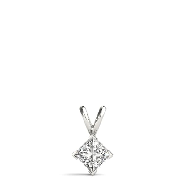 Solitaire Princess Cut Pendant, On hand view in white gold or platinum
