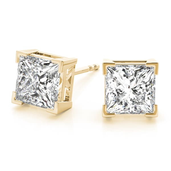 Solitaire Princess Cut Studs (3 ct. tw.), On hand view in yellow gold