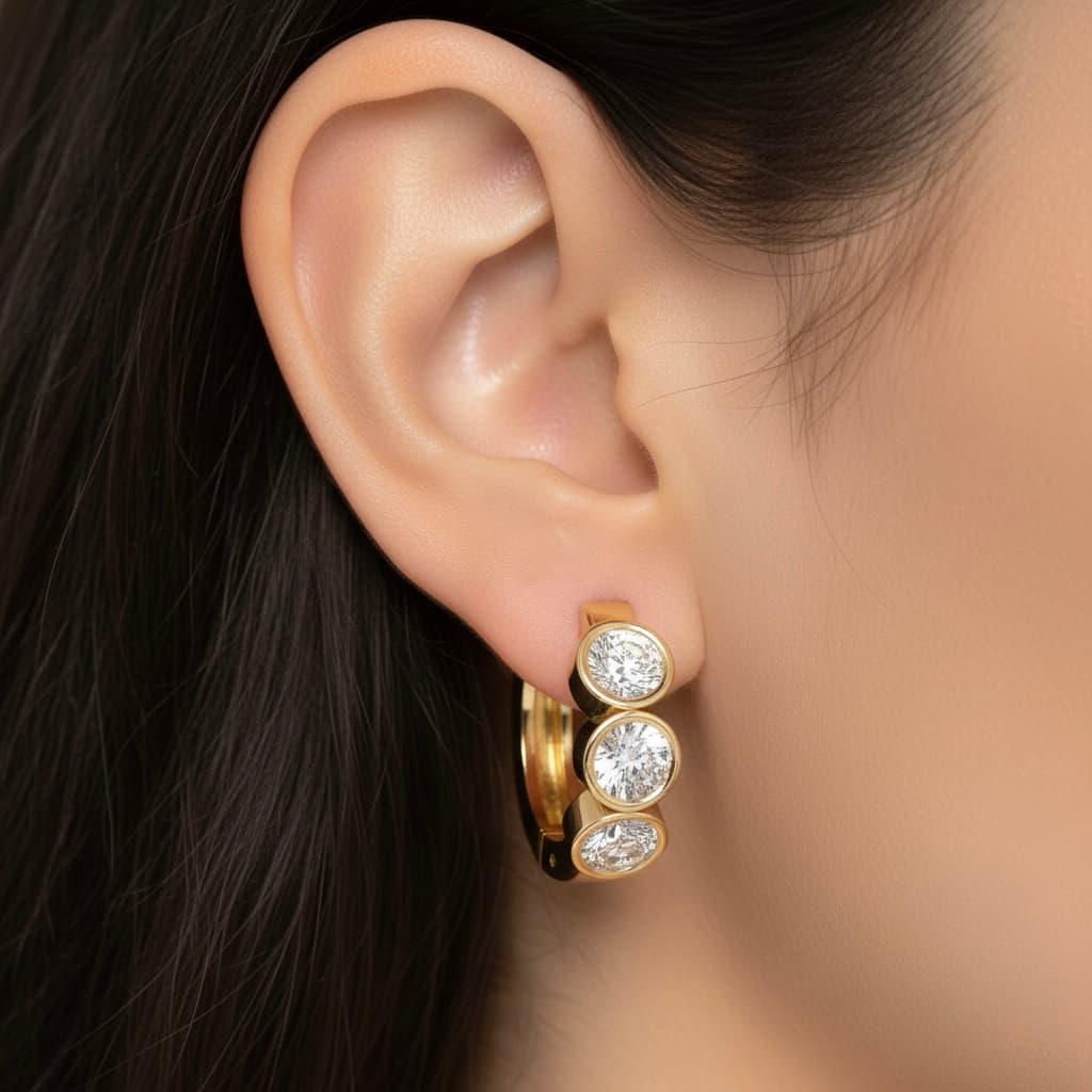 LGD 3-Stone Hoop Earrings (1.8 ct. tw.), Front view in yellow gold