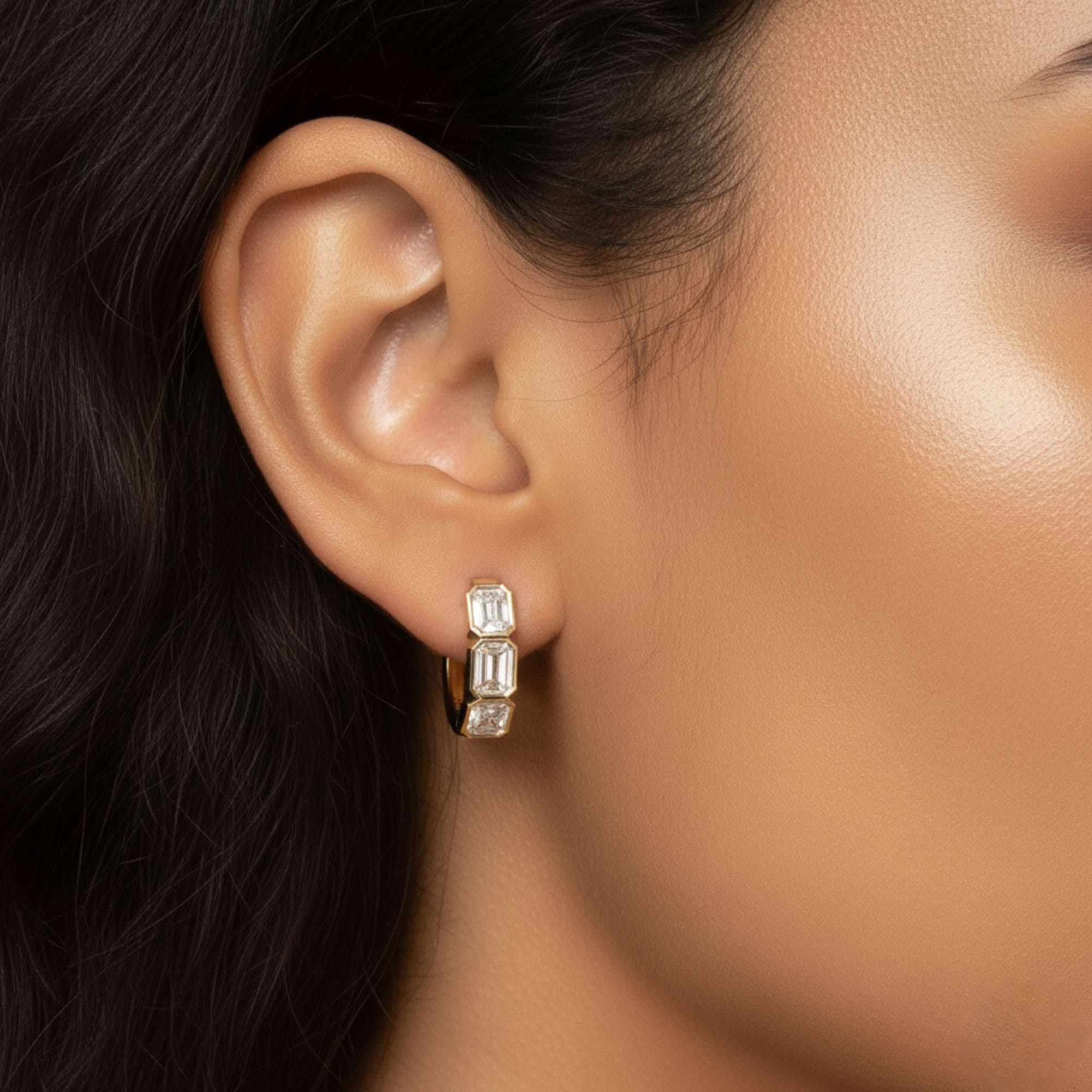 LGD 3-Stone Emerald Cut Hoop Earrings (1 3/4 ct. tw.), Front view in yellow gold