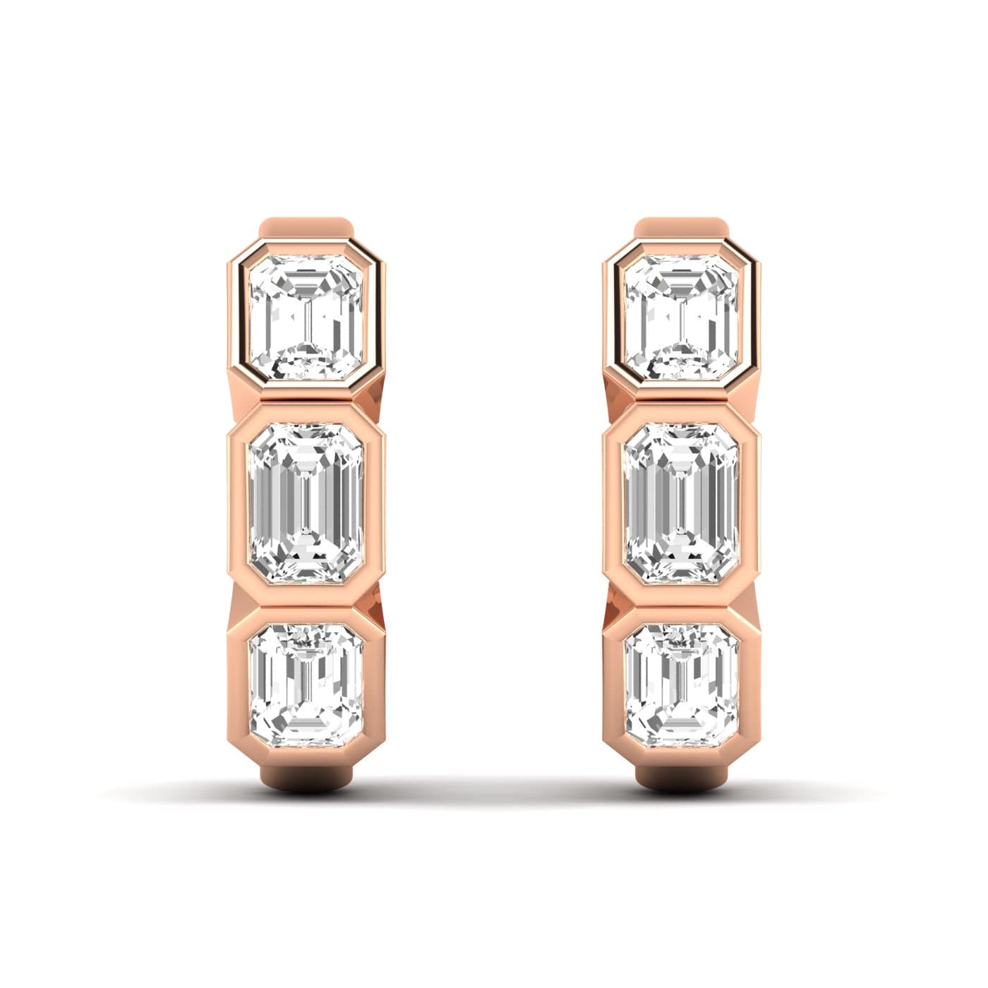 LGD 3-Stone Emerald Cut Hoop Earrings (1 3/4 ct. tw.), Front view in rose gold