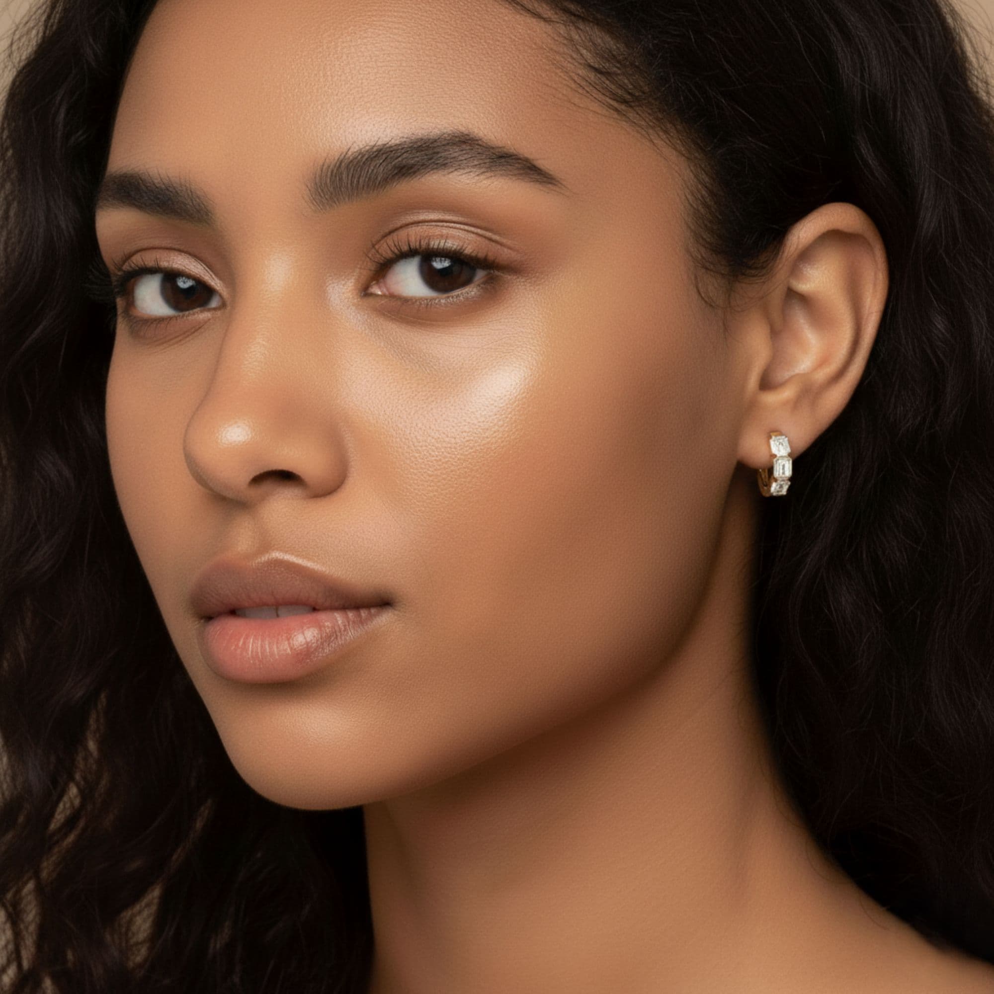 LGD 3-Stone Emerald Cut Hoop Earrings (1 3/4 ct. tw.), Angle view in yellow gold