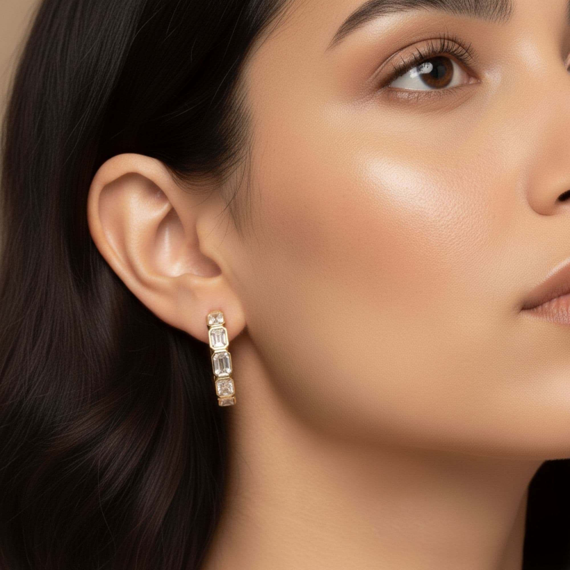 LGD 5-Stone Emerald Cut Hoop Earrings (2.15 ct. tw.), Front view in yellow gold