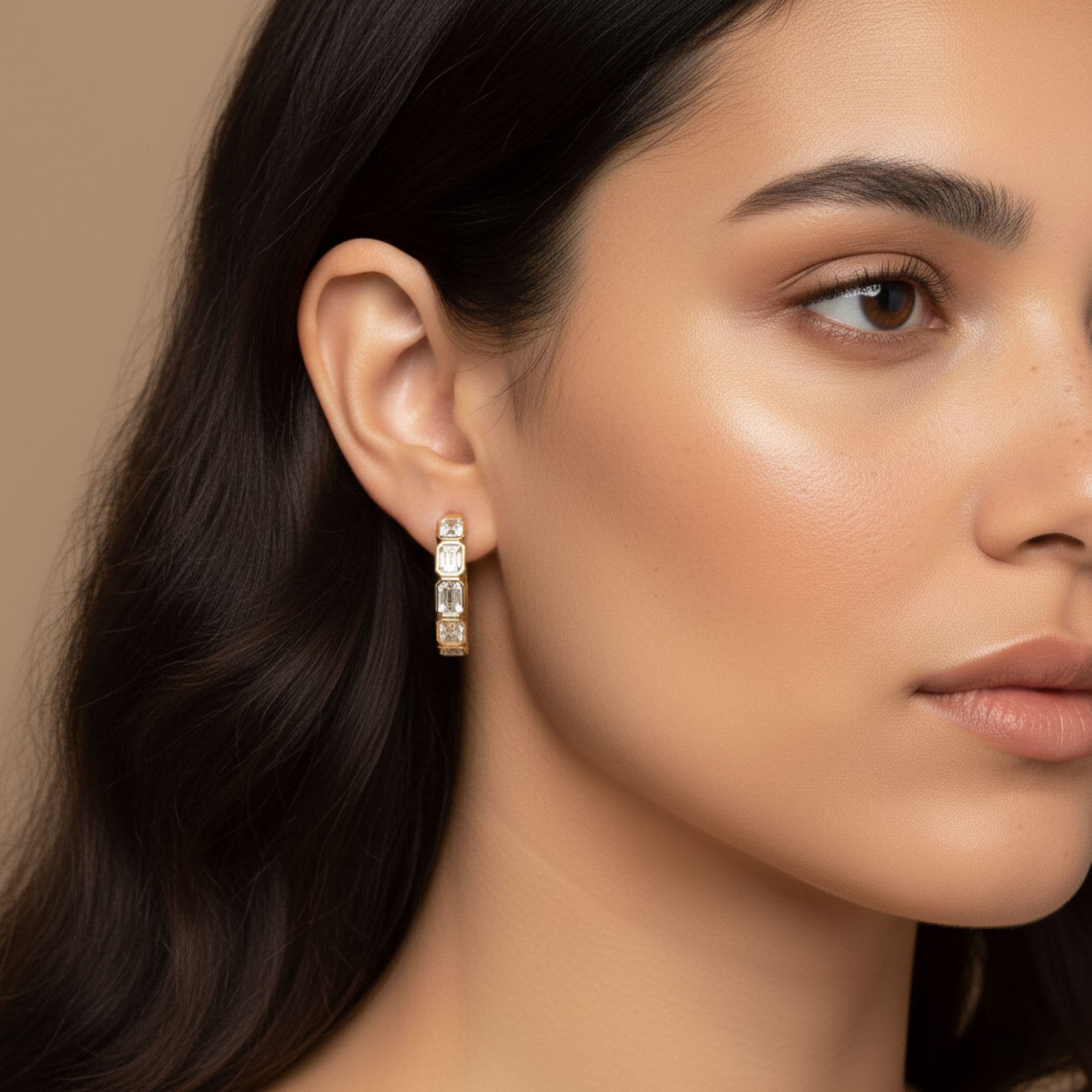 LGD 5-Stone Emerald Cut Hoop Earrings (2.15 ct. tw.), Angle view in yellow gold