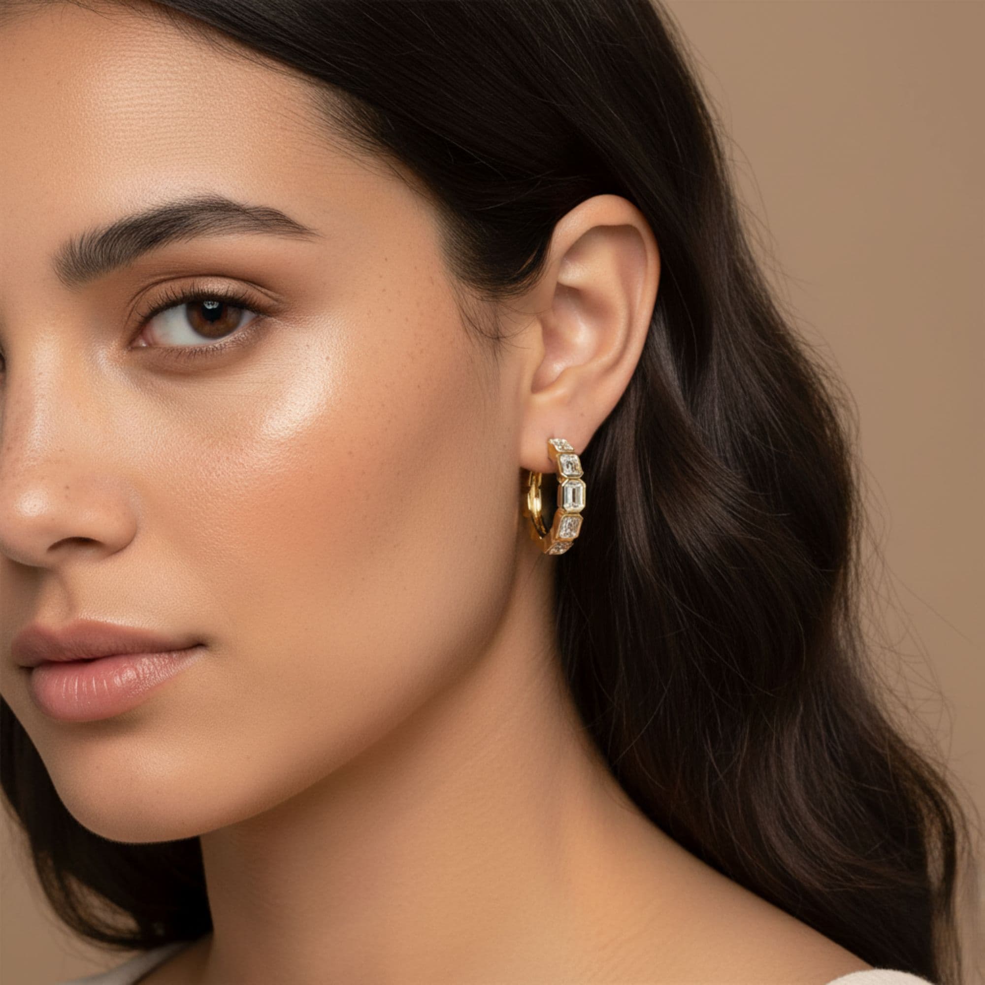 LGD 5-Stone Emerald Cut Hoop Earrings (2.15 ct. tw.), Side view in yellow gold