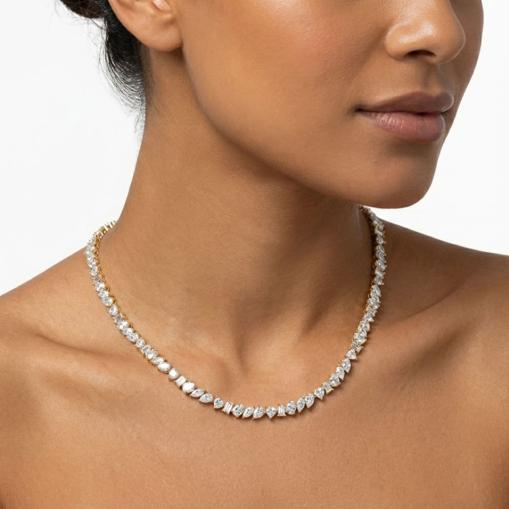 LGD Multi-Shape Tennis Necklace (17.7 ct. tw.), Side view in yellow gold