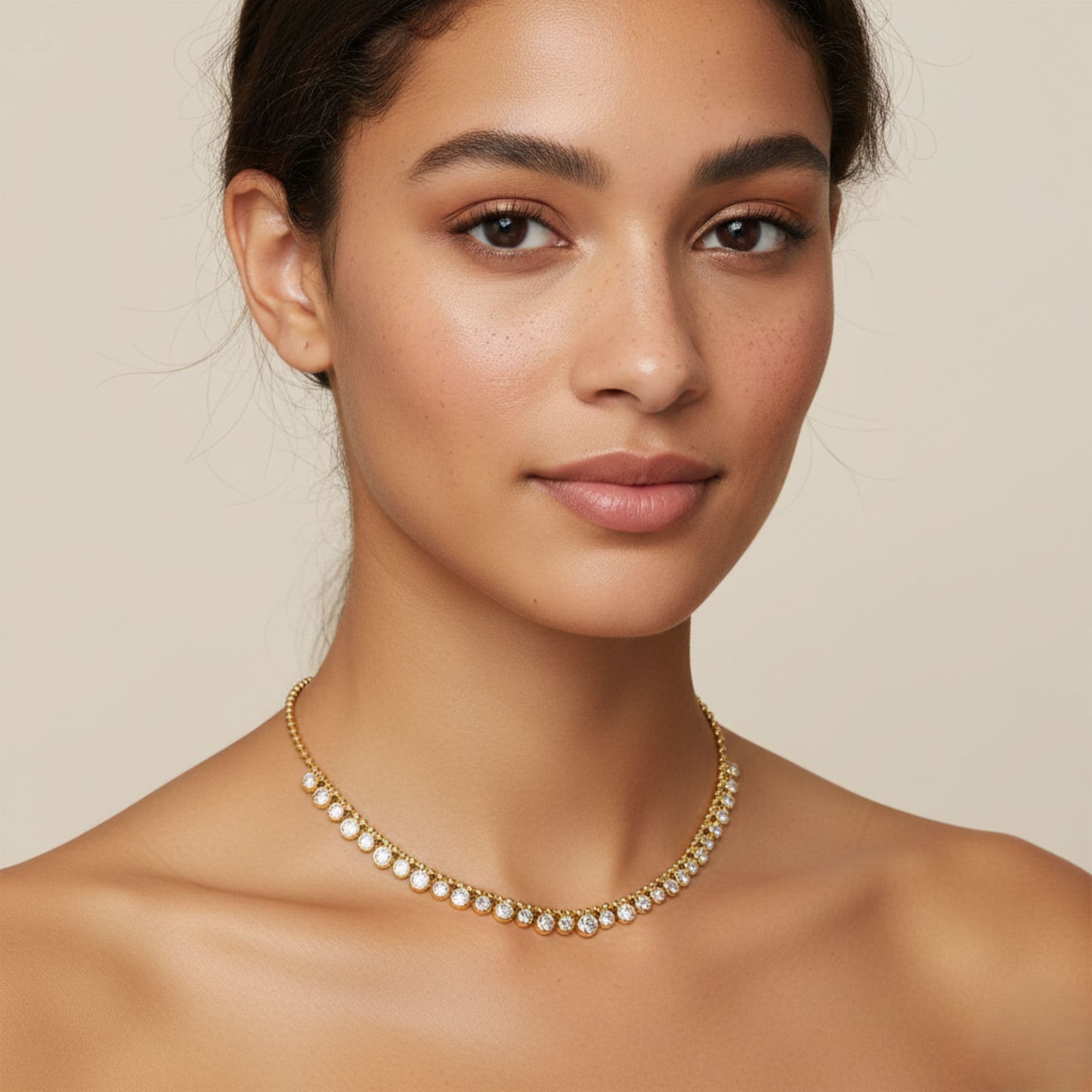 LGD Round Stationary Necklace (5.15 ct. tw.), On hand view in yellow gold