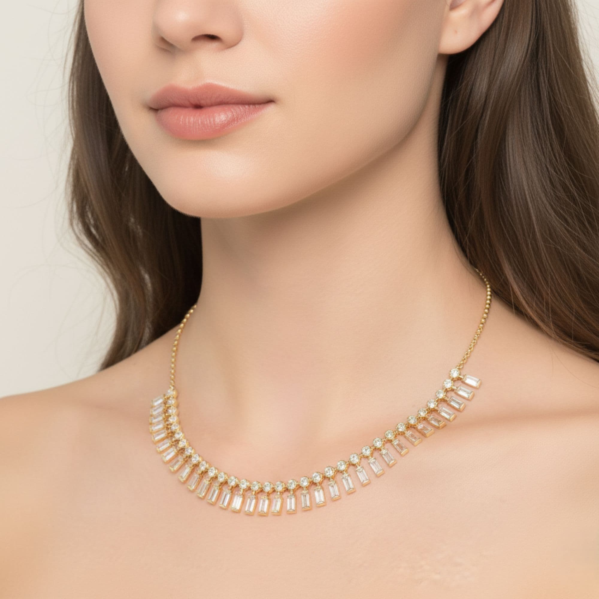 LGD Round & Baguette Necklace (9.8 ct. tw.), Angle view in yellow gold