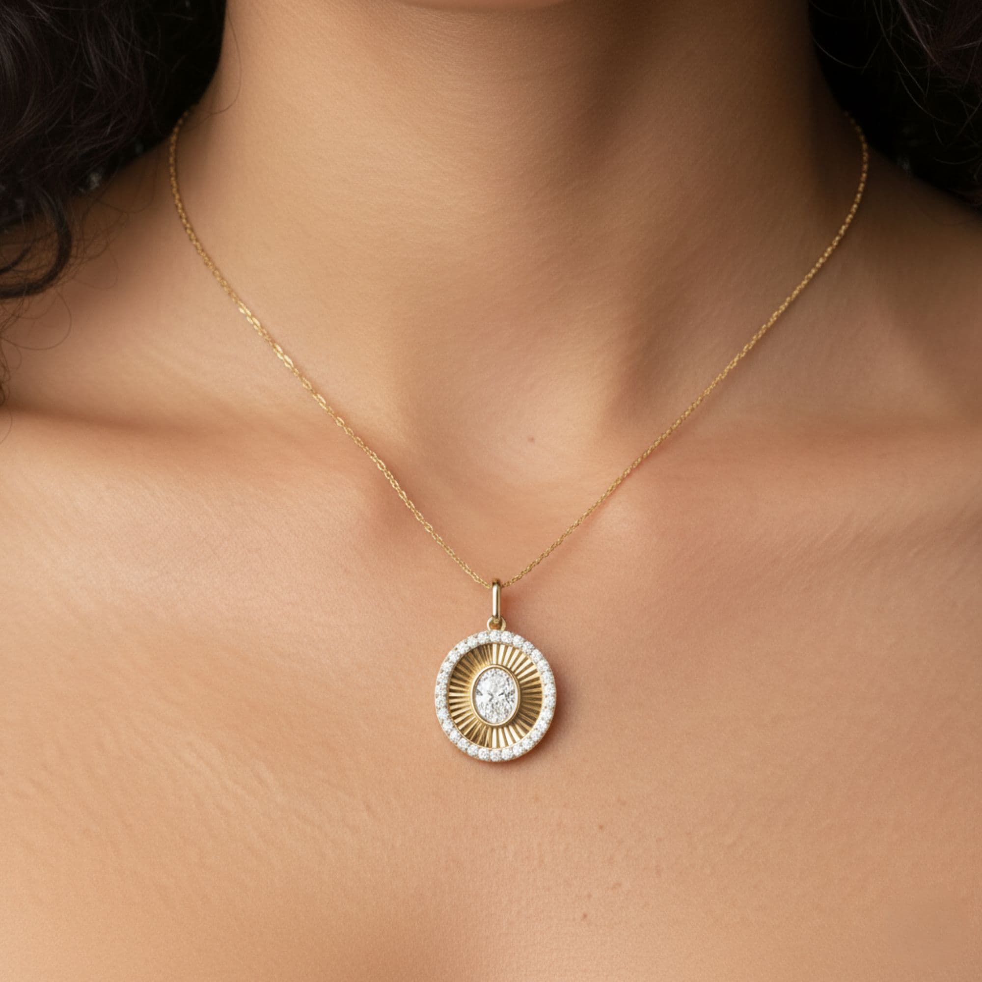 LGD Fluted Oval Halo Pendant (0.8 ct. tw.), Front view in yellow gold