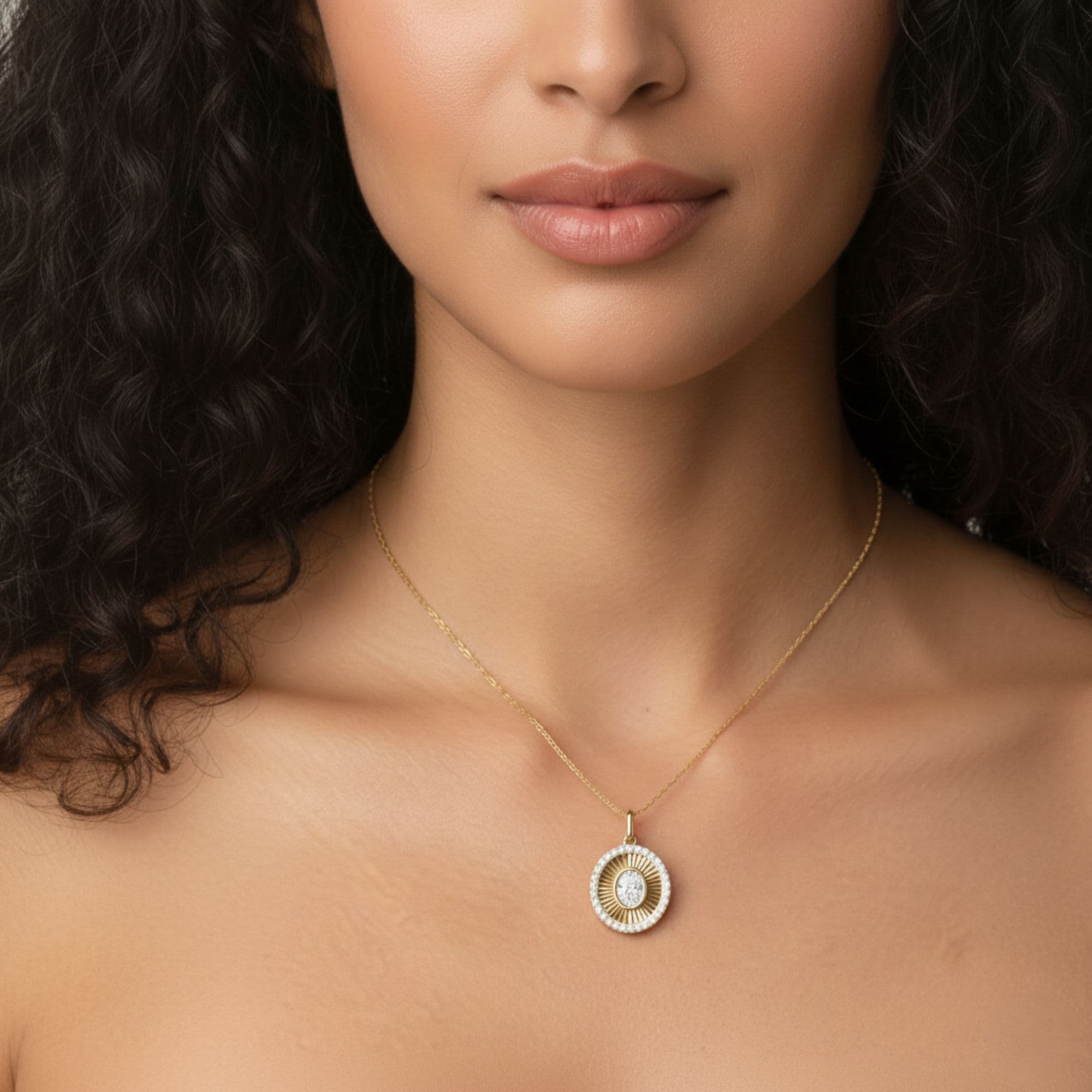 LGD Fluted Oval Halo Pendant (0.8 ct. tw.), Angle view in yellow gold