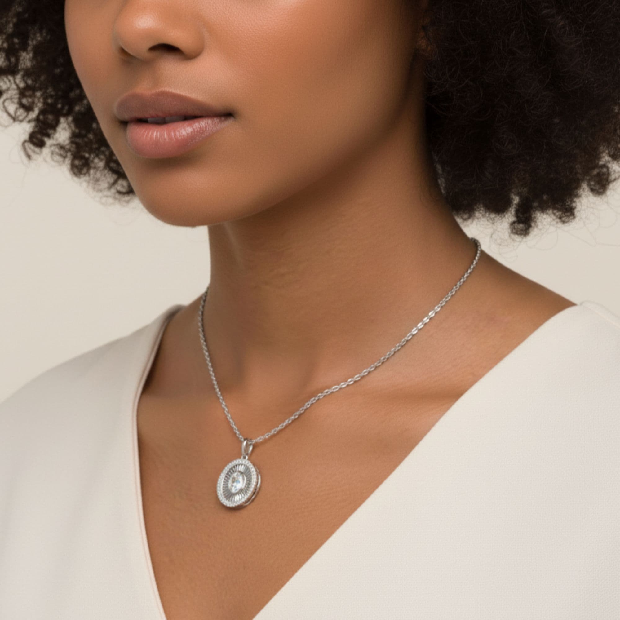 LGD Fluted Oval Halo Pendant (0.8 ct. tw.), Angle view in white gold or platinum